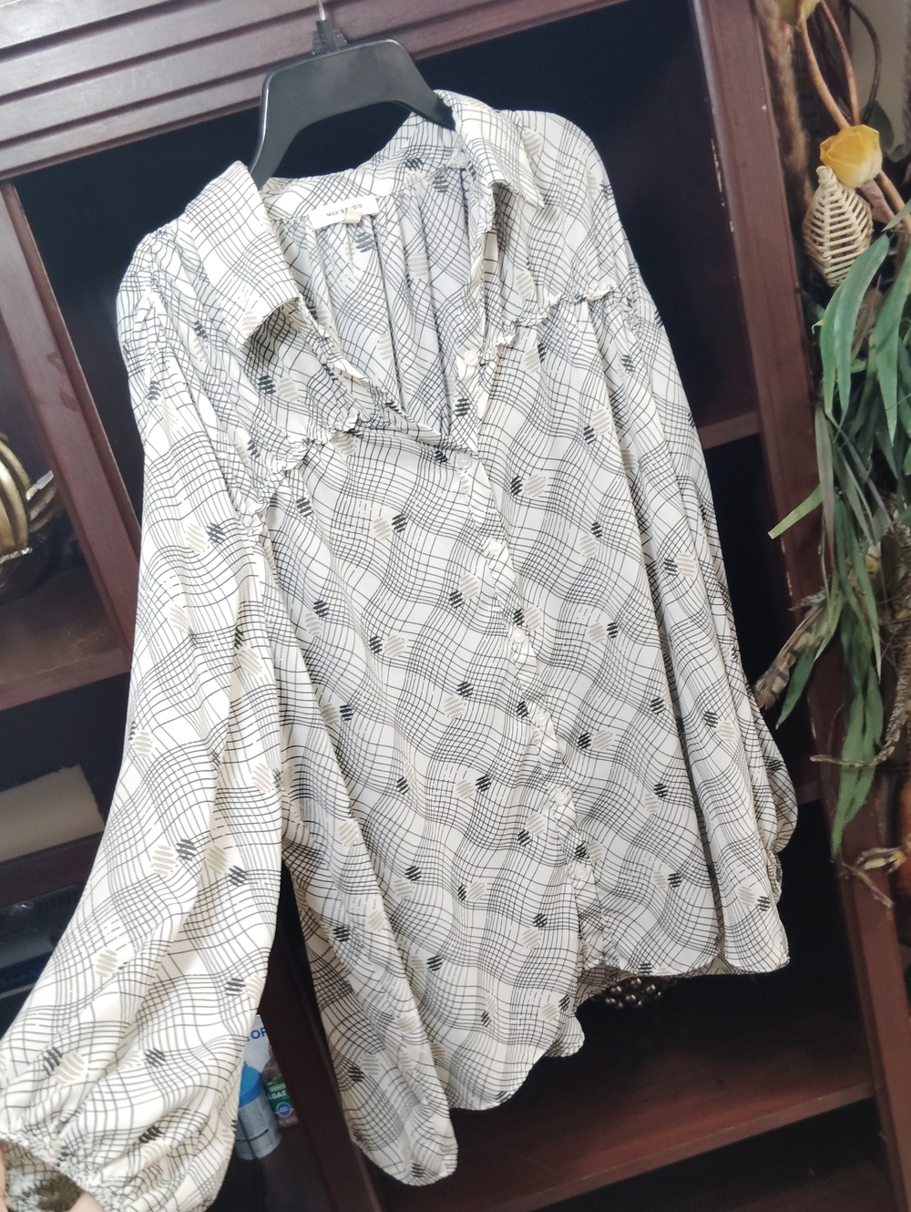 Max Studio White and Black Checked Button-Down Blouse